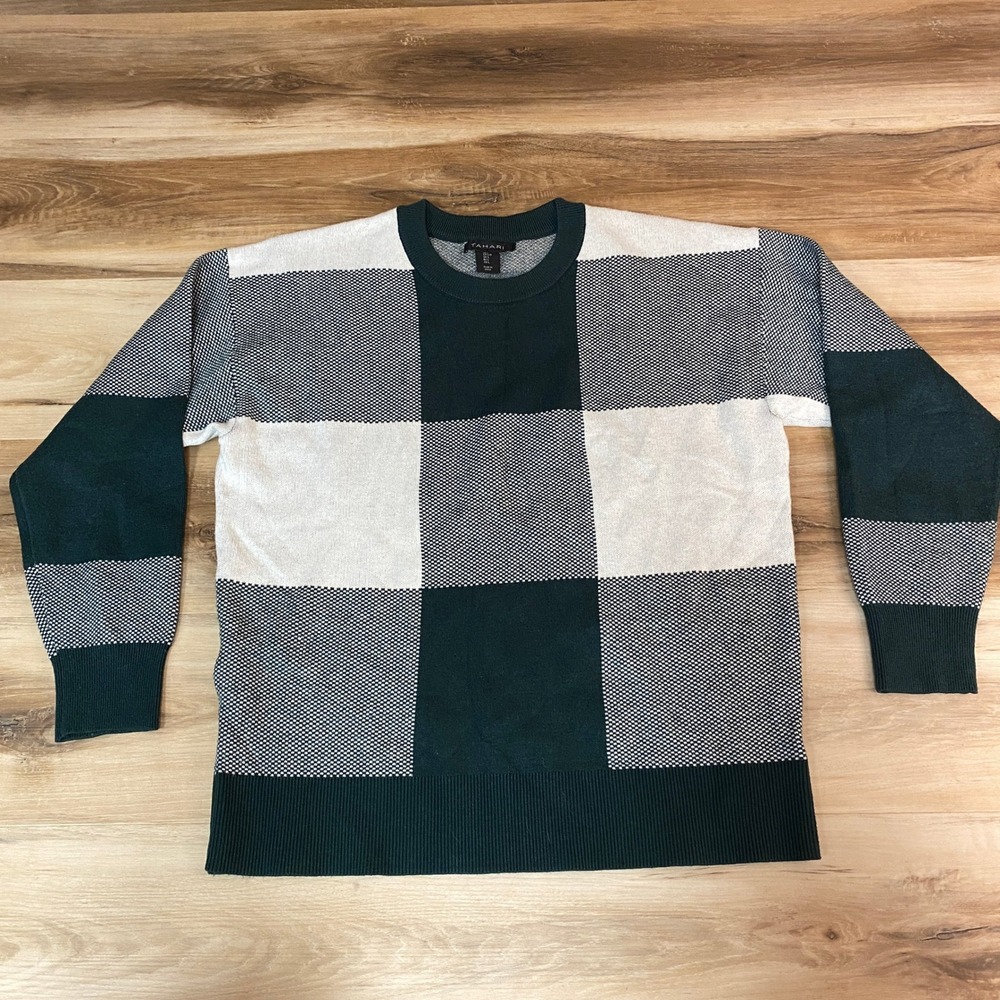 Tahari Sweater Mens Large Green White Buffalo Check Long Sleeve Crew Neck